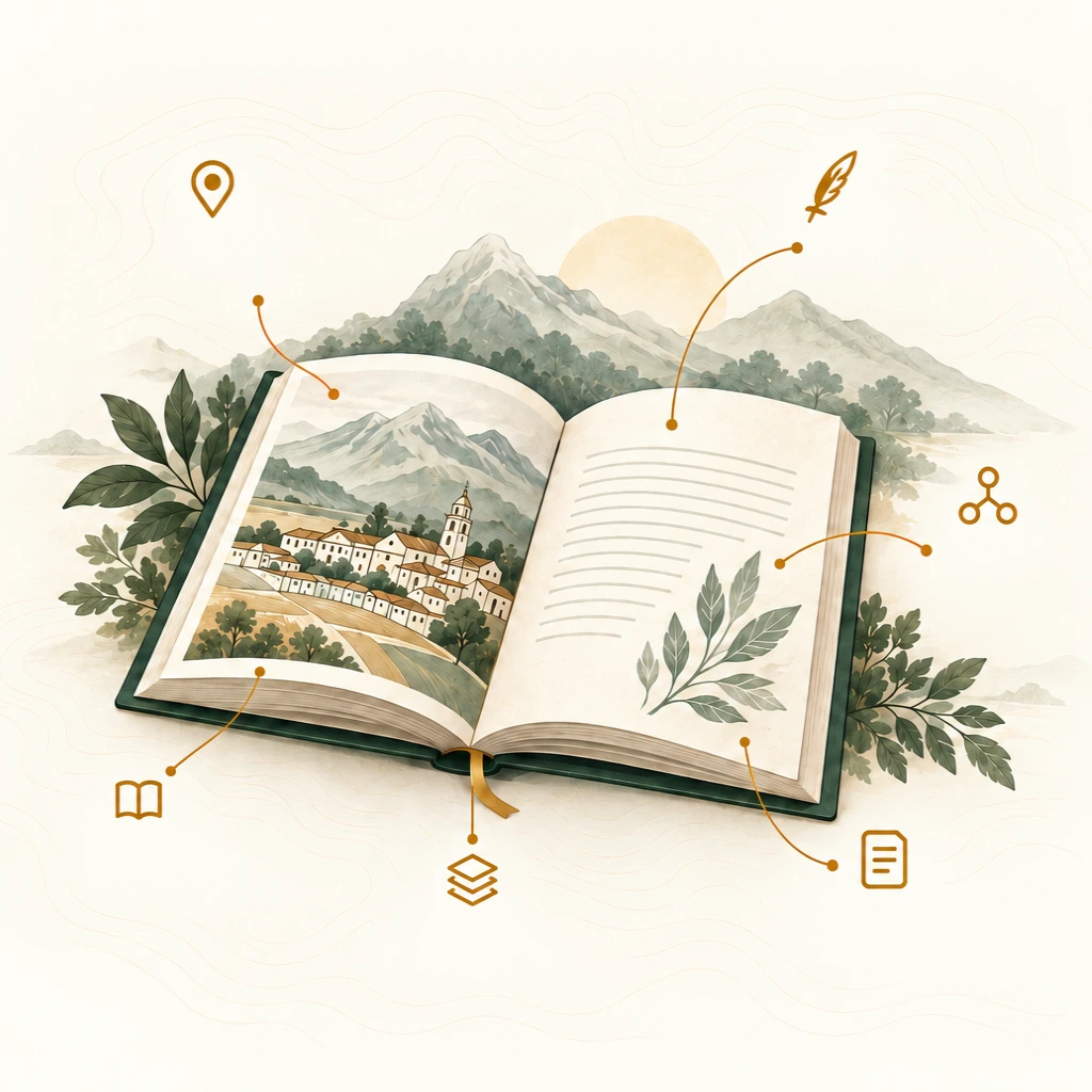 Libro abierto sobre un paisaje de El Oro, rodeado de las formas de organizar la biblioteca